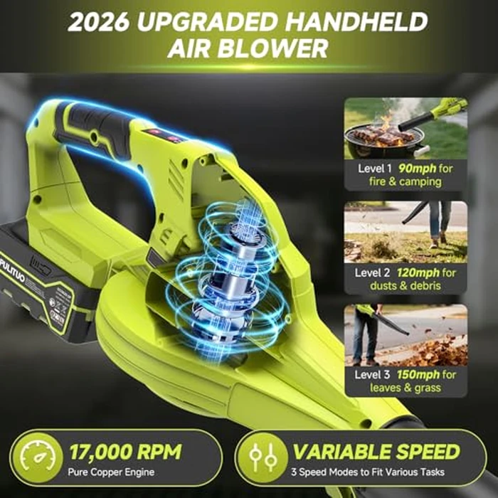 Leaf Blower Cordless with 2X 4.0Ah Batteries and Charger, 150MPH Lightweight Cordless Blower, 3 Speeds Small Battery Operated Leaf Blowers for Lawn Care, Patio, Yard, Leaves, Grass, Dust (Green) by PULITUO - Image 4