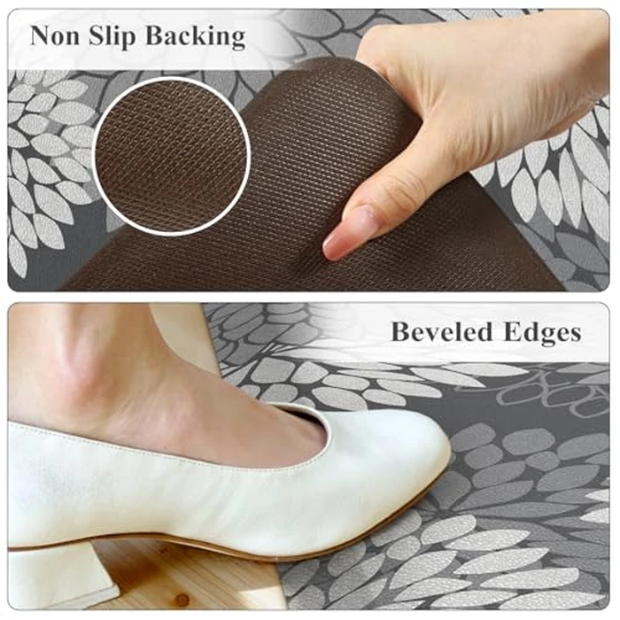 KIMODE Anti Fatigue Cushioned Kitchen Floor Mats,Floral Kitchen Rugs Sets of 2 Non Slip,Waterproof Ergonomic Memory Foam Kitchen Rug Carpet for Laundry Sink Office Home,Grey by KIMODE - Image 3