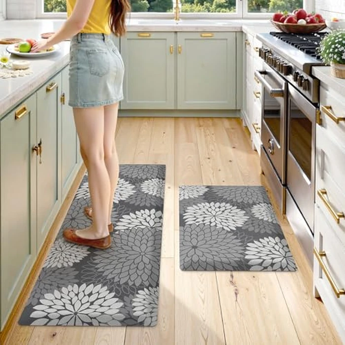 KIMODE Anti Fatigue Cushioned Kitchen Floor Mats,Floral Kitchen Rugs Sets of 2 Non Slip,Waterproof Ergonomic Memory Foam Kitchen Rug Carpet for Laundry Sink Office Home,Grey by KIMODE - Image 7