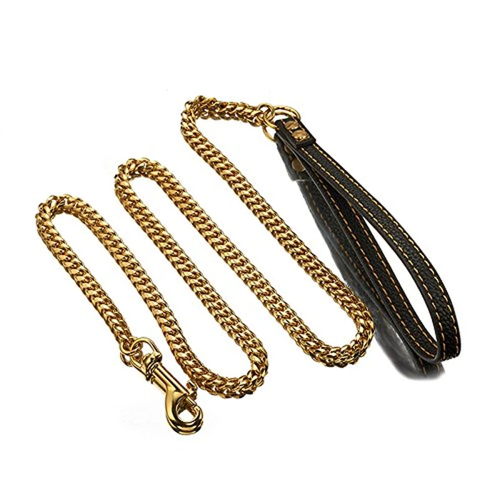 4ft Dog Leash Metal Long 18K Gold Chew Proof Indestructible Cool Best Leash Chain Link for Pet Durable Large with Leather Handle (Thick Stainless Steel) by Abaxaca - Image 2