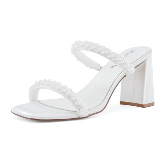 Shoe'N Tale Pearl Strappy Heels for Women Two Band Chunky Block Heeled Sandals Square Open Toe Backless Mules Slip On Pump Dress Shoes(7.5,White Satin) by Shoe'N Tale - Used - Very Good condition