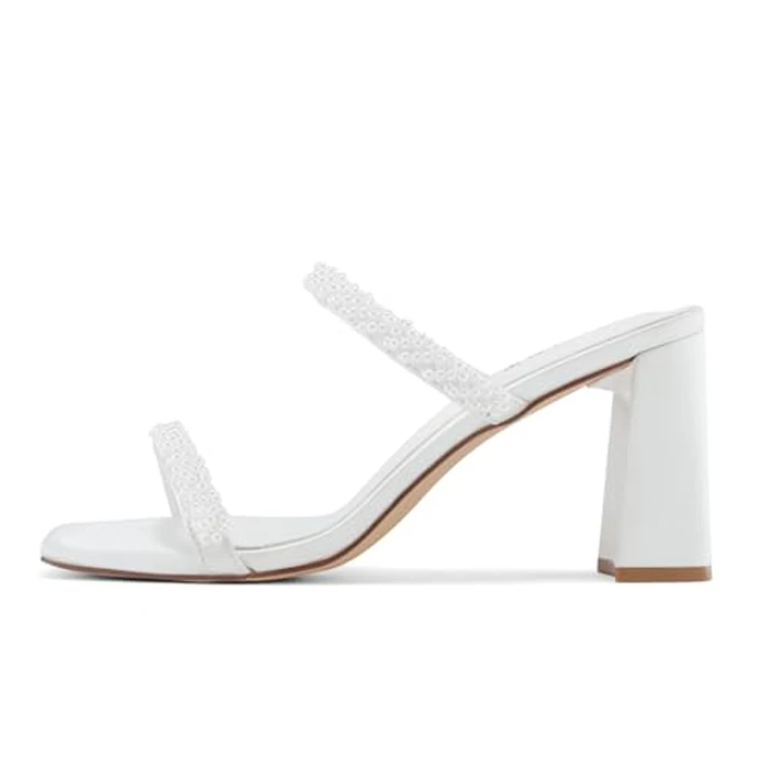 Shoe'N Tale Pearl Strappy Heels for Women Two Band Chunky Block Heeled Sandals Square Open Toe Backless Mules Slip On Pump Dress Shoes(7.5,White Satin) by Shoe'N Tale - Image 2