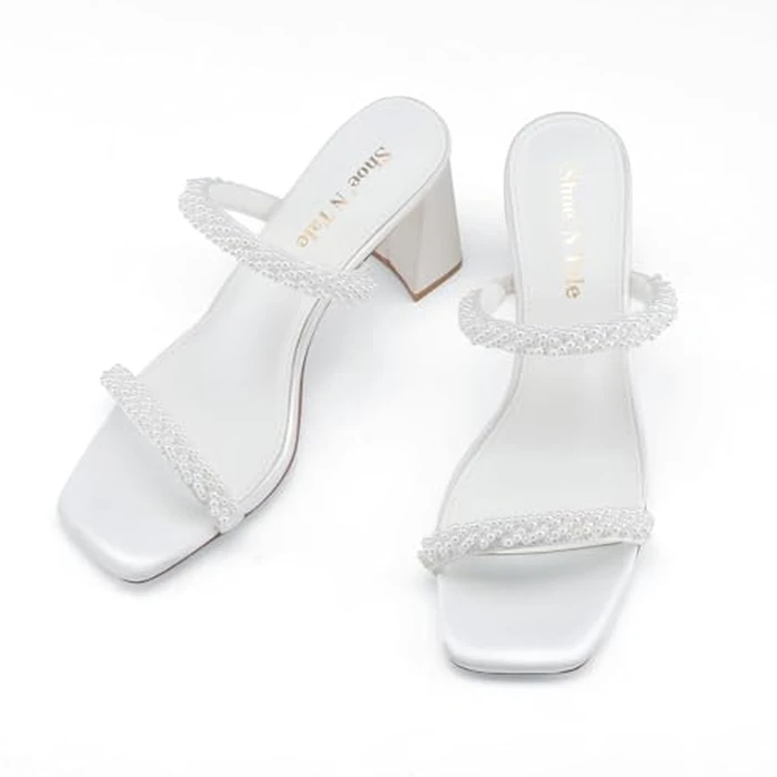 Shoe'N Tale Pearl Strappy Heels for Women Two Band Chunky Block Heeled Sandals Square Open Toe Backless Mules Slip On Pump Dress Shoes(7.5,White Satin) by Shoe'N Tale - Image 3