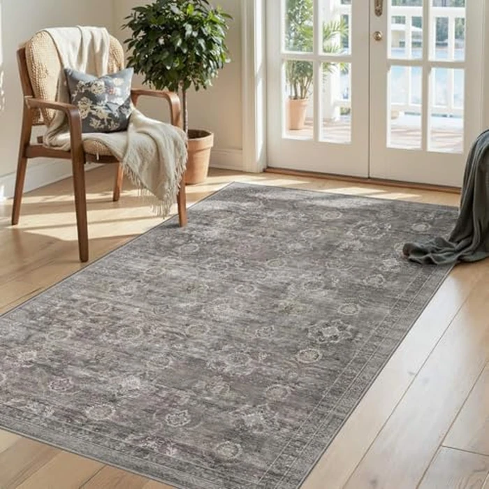 Rugxara 3x5 Rug for Entryway Bedroom, Grey 3x5 Washable Area Rug, Vintage Retro Boho Throw Rug, Non Slip & Low Pile Small Carpet for Indoor Kitchen, Bedside, Living Room, Bathroom and Dining by Rugxara - Image 1