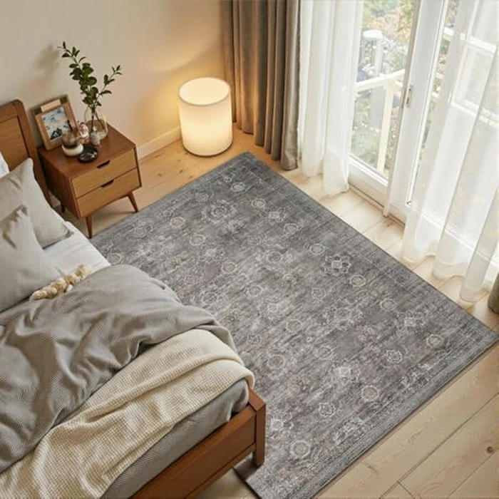 Rugxara 3x5 Rug for Entryway Bedroom, Grey 3x5 Washable Area Rug, Vintage Retro Boho Throw Rug, Non Slip & Low Pile Small Carpet for Indoor Kitchen, Bedside, Living Room, Bathroom and Dining by Rugxara - Image 2