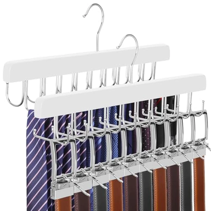 TOPIA HANGER 2 Pack 2 in 1 Belt Tie Hanger for Closet Max 60 Belts with 60 Ties Capacity, 40 Hooks Belt Tie Racks Wooden Hanger for Closet Organizer Storage “U” Fit Belt and “一” Fit Tie - CT52W by TOPIA HANGER - Used - Very Good condition - US$15.33