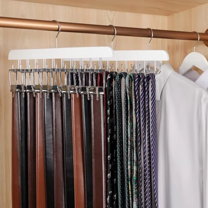 TOPIA HANGER 2 Pack 2 in 1 Belt Tie Hanger for Closet Max 60 Belts with 60 Ties Capacity, 40 Hooks Belt Tie Racks Wooden Hanger for Closet Organizer Storage “U” Fit Belt and “一” Fit Tie - CT52W by TOPIA HANGER - Image 5