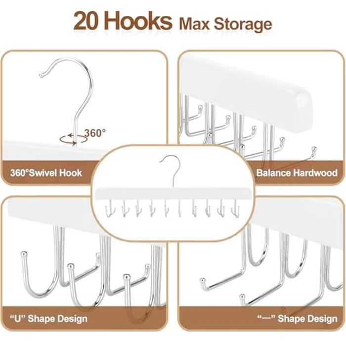 TOPIA HANGER 2 Pack 2 in 1 Belt Tie Hanger for Closet Max 60 Belts with 60 Ties Capacity, 40 Hooks Belt Tie Racks Wooden Hanger for Closet Organizer Storage “U” Fit Belt and “一” Fit Tie - CT52W by TOPIA HANGER - Image 7