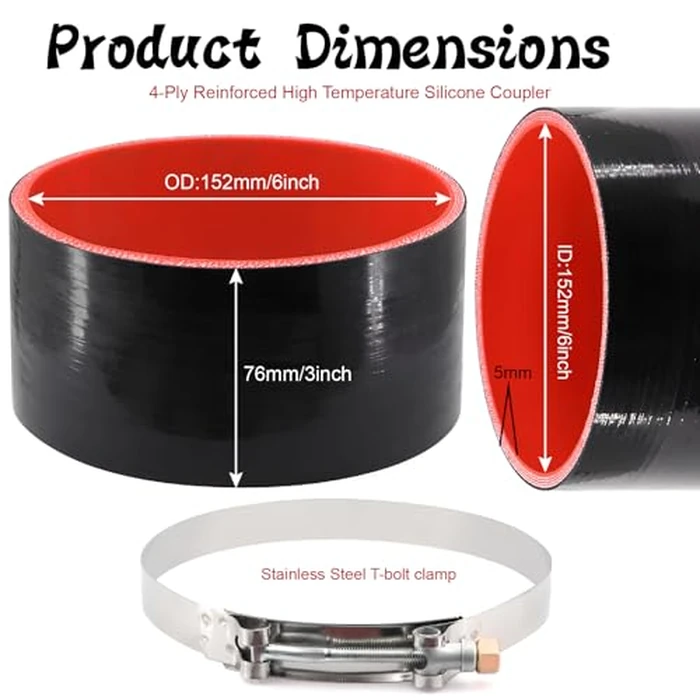 ID 6 Inch(152mm) High Temperature 4-Ply Reinforced Straight Silicone Hose Performance Coupler with 2Pcs T-Bolt Clamps Suitable High Level Turbo Pipe Connecting by TuoLauthon - Image 3
