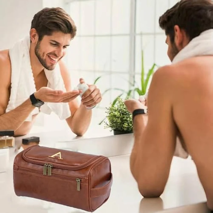 H Personalized Toiletry Bag Men,Engraved Monogrammed Leather Travel Shaving Dopp Kit Bag,Cosmetic Bags Organizer Storage Accessories,Gifts for Men,Dad,Husband,Boyfriend,Groomsmen, Birthday,Christmas by Dinglong - Image 5