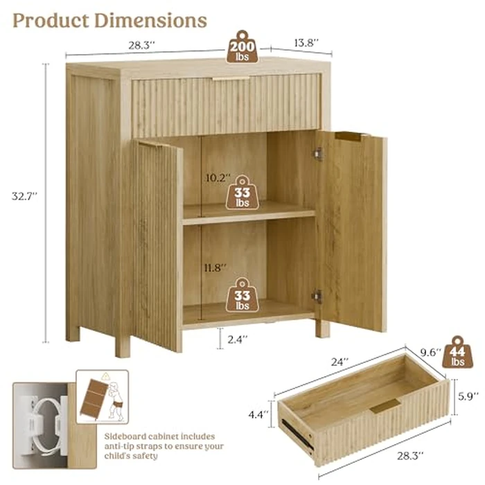 Lulive Sideboard Buffet Cabinet with Storage, 28.3" Kitchen Cabinet with Drawers Doors and Adjustable Shelf for Coffee Bar Natural by Lulive - Used - Acceptable condition
