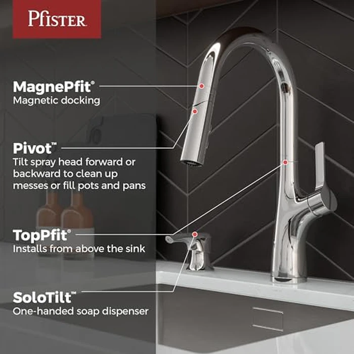 Pfister Ceylon Polished Chrome Kitchen Faucet w/Pull Down Sprayer & Soap Dispenser, High Arc Kitchen Sink Faucet w/Pivot Spray Head, Kitchen Faucets w/Optional Deckplate, 1 to 4-Hole by Pfister - Image 2