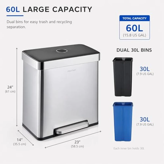 Step N’ Sort 60L Dual Trash & Recycling Bin, 2 x 30L Removable Inner Buckets, Soft-Close Lid, Hands-Free Step Pedals, Fingerprint-Resistant Stainless Steel Kitchen Garbage Can by Step N' Sort - Used - Acceptable condition - CA$84.03