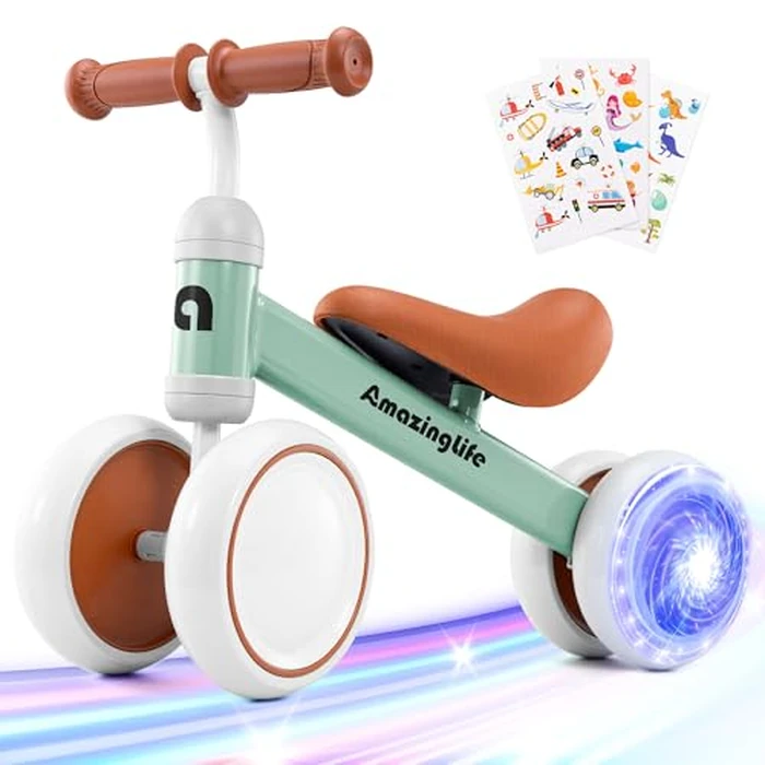 Colorful Lighting Baby Balance Bike, 10-24 Months Toddler Balance Bike, 4 Silence Wheels No Pedal Balance Bikes with 3 Cartoon Stickers, First for 1-2 Year Old - Green by AmazingLife - Image 1