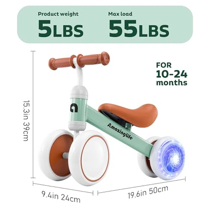 Colorful Lighting Baby Balance Bike, 10-24 Months Toddler Balance Bike, 4 Silence Wheels No Pedal Balance Bikes with 3 Cartoon Stickers, First for 1-2 Year Old - Green by AmazingLife - Image 7