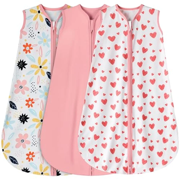 BSTOPPT 3 Pack Baby Sleep Sack 0-6 Months 100% Rayon Cotton Baby Sleeping Bag 2-Way Zipper Toddler Wearable Blankets Comfy Stretchy Lightweight TOG 0.3 （Heart&Pink&Floral） by BSTOPPT - Used - Like New condition - US$15.00