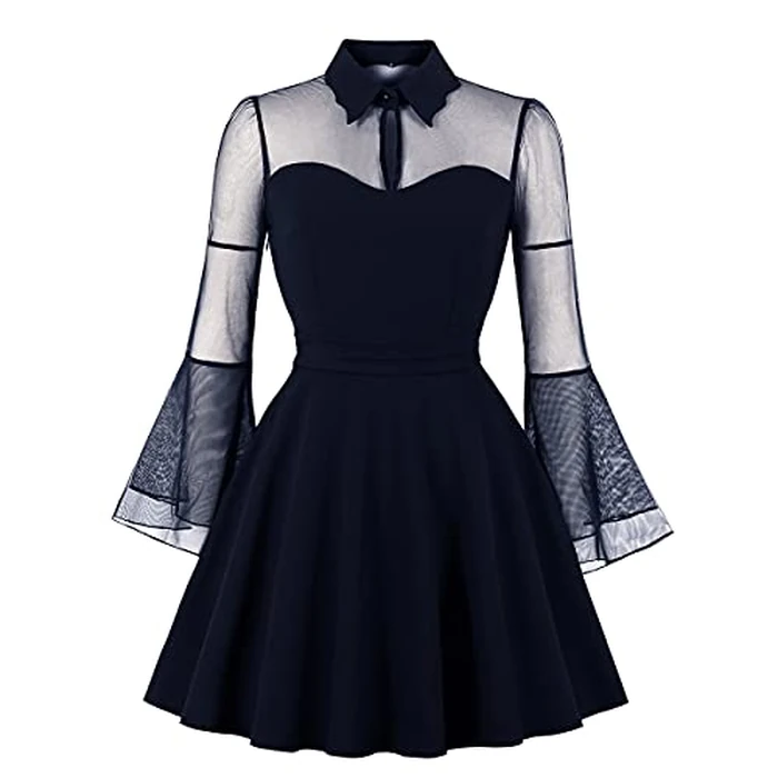 Women's Keyhole Front Mesh Bell Sleeve V-Neck Cocktail Swing Dress Knee Length 1950s A-line Mini Fit and Flare Skater Dress Peter Pan Collar Vintage 60s 50s Retro Prom Tea Dress Z#Navy Blue M by IWEMEK - Used - Like New condition - US$21.73