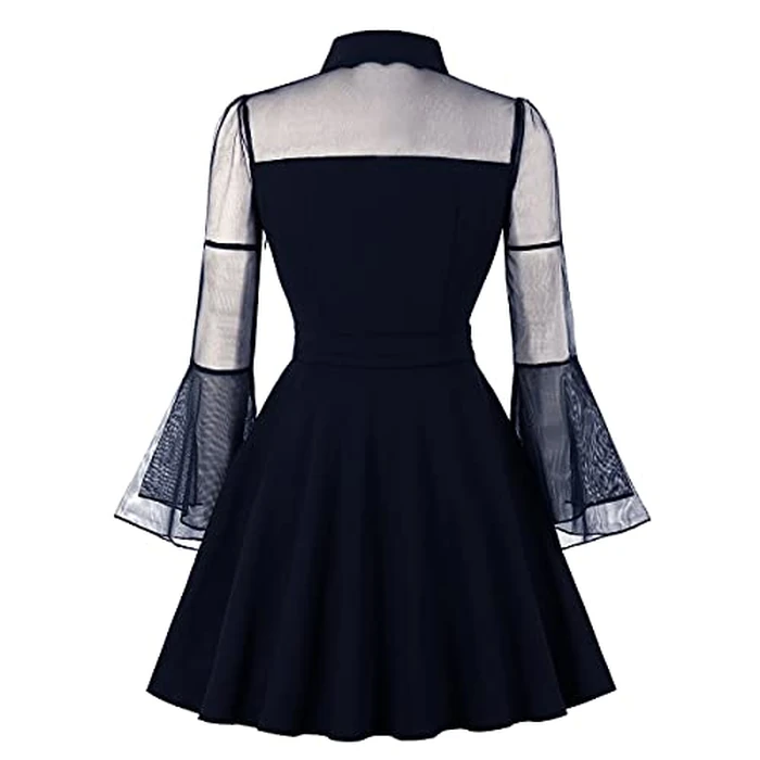 Women's Keyhole Front Mesh Bell Sleeve V-Neck Cocktail Swing Dress Knee Length 1950s A-line Mini Fit and Flare Skater Dress Peter Pan Collar Vintage 60s 50s Retro Prom Tea Dress Z#Navy Blue M by IWEMEK - Image 2