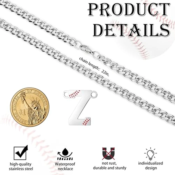 QINJIEJIE Initial Baseball Necklace for Men Z Letter Necklaces Sports Accessories Drip Baseball Charm Pendant Jewelry Stainless Steel Silver Chain 22inch Personalized Gift for Men Lover Fans by QINJIEJIE - Image 3