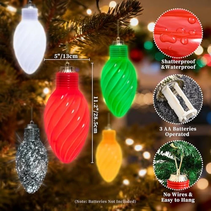 Lanpn 3 Pcs 11" Outdoor LED Ornaments, Large Christmas Lighted Bulbs, Xmas Tree Battery Powered Bulb Decor with Dark Sensor, Christmas Ornament Lights for Lawn Garden Yard Patio, Green by Lanpn - Image 3
