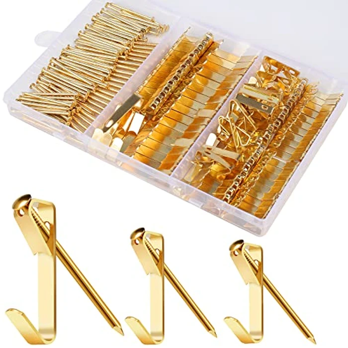 184 Pieces Picture Hanging Kit, 20lb, 30lb, and 50lb Picture Hangers, Metal Picture Hanging Hooks with Nails, on Drywall, Wooden Wall(Gold) by Romeda - Used - Like New condition