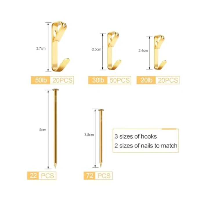 184 Pieces Picture Hanging Kit, 20lb, 30lb, and 50lb Picture Hangers, Metal Picture Hanging Hooks with Nails, on Drywall, Wooden Wall(Gold) by Romeda - Image 2