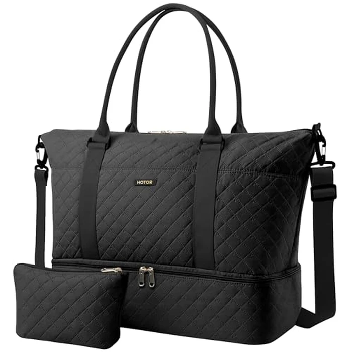 HOTOR Travel Duffel Bag - Weekender Bags for Women, Gym Tote Bags with Shoe Compartment, Carry On Overnight Bag with Toiletry Bag for Travel Essentials and Travel Accessories, Black, 15.8"x18.1"x8.7" by HOTOR - Used - Very Good condition - US$21.67