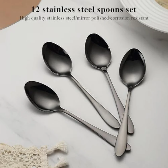 Berglander Black Soup Spoons 12 Pieces, Titanium Plating Stainless Steel Dinner Spoon, Table Spoon, Spoons Silverware for Home, Restaurant, Hotel, Daily Use, Dishwasher Safe by Berglander - Image 3