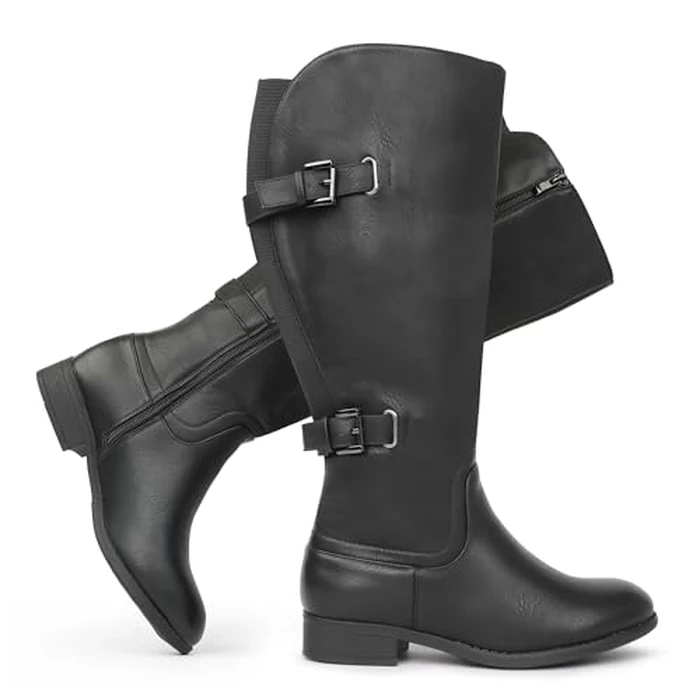 Chicblooms Women's Classic Wide Calf Double Buckle Back Stretch Knee High Flat Heel Boots,Black PU,10 M US by Chicblooms - Used - Like New condition - CA$40.19