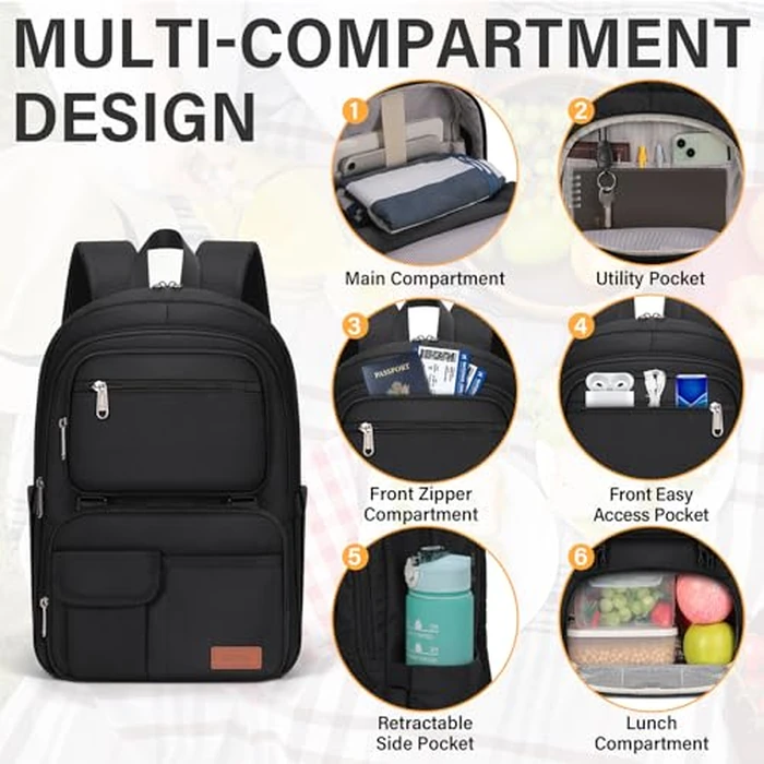 SDYSM Lunch Backpack for Men Women 15.6 Inch Laptop Backpack with USB Charging Port, Waterproof Work Backpack with Insulated Lunch Compartment Suitable for Work, Travel, College,Black by SDYSM - Image 4