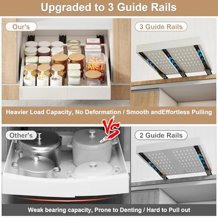 Pull out Cabinet Organizer,Width (14"-21") and Depth (17"-24") Expandable With 3 Rails,No Drill Adjustable Slide out Drawers for Kitchen,Pantry,Adhesive Roll out Shelves,for Cabinets Without Lip,White by Fokyfok - Image 4