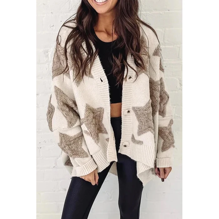 KevaMolly Womens Cardigan Sweater Z Apricot Sherpa Star Pattern Textured Sweater Cardigan with Pockets Stars Casual Sweater Coat L by KevaMolly - Image 3