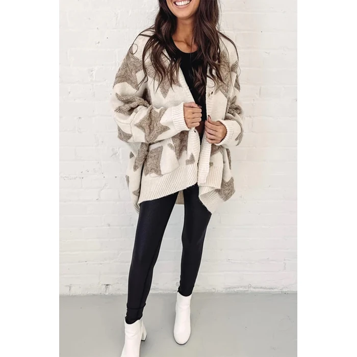 KevaMolly Womens Cardigan Sweater Z Apricot Sherpa Star Pattern Textured Sweater Cardigan with Pockets Stars Casual Sweater Coat L by KevaMolly - Image 4