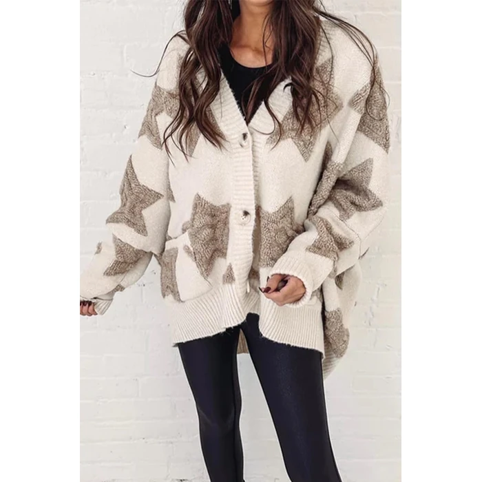 KevaMolly Womens Cardigan Sweater Z Apricot Sherpa Star Pattern Textured Sweater Cardigan with Pockets Stars Casual Sweater Coat L by KevaMolly - Image 5