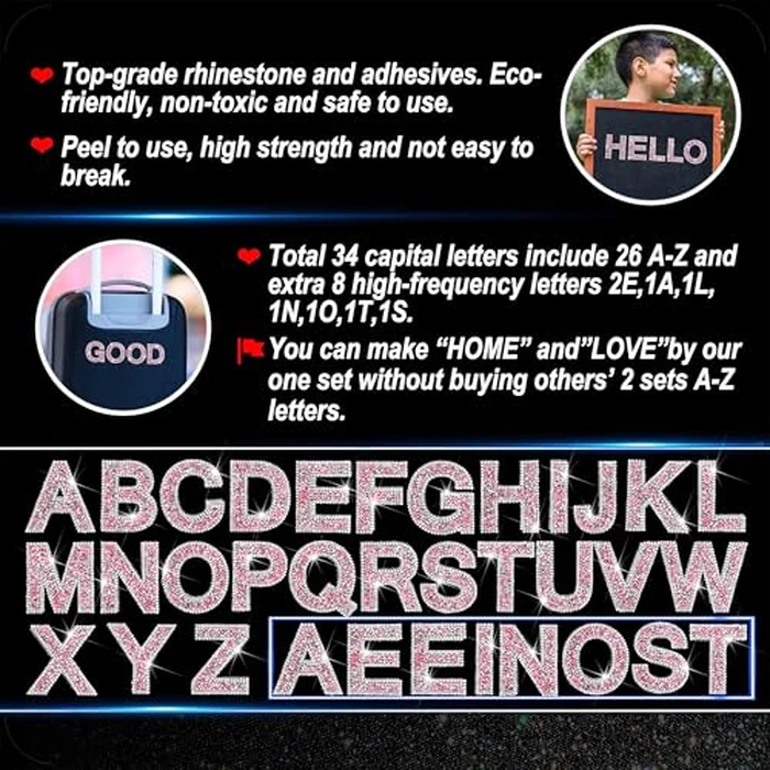 Locacrystal 34Pcs Rhinestone Letter Stickers Bling Glitter Alphabet A-Z Letters Self-Adhesive Crystal Rhinestones Word Sticker Iron on Letters for Clothing Art Crafts DIY Decors(Rose+White,2.24") by Locacrystal - Image 3