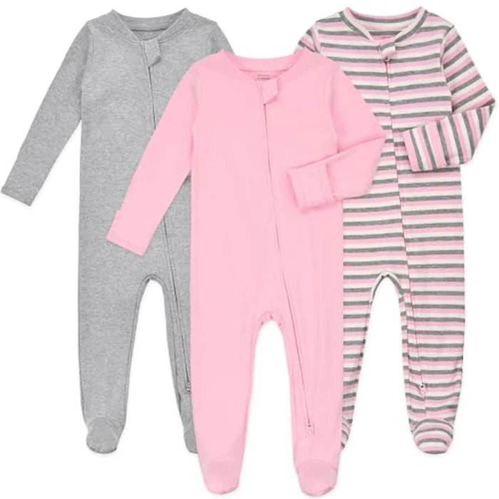 Aablexema Baby Footie Pajamas with Mittens - 3Pcs Infant Cotton Footed One Piece Sleepwear Outfits(Pink/Grey/Stripe,12-18m) by Aablexema - Image 1