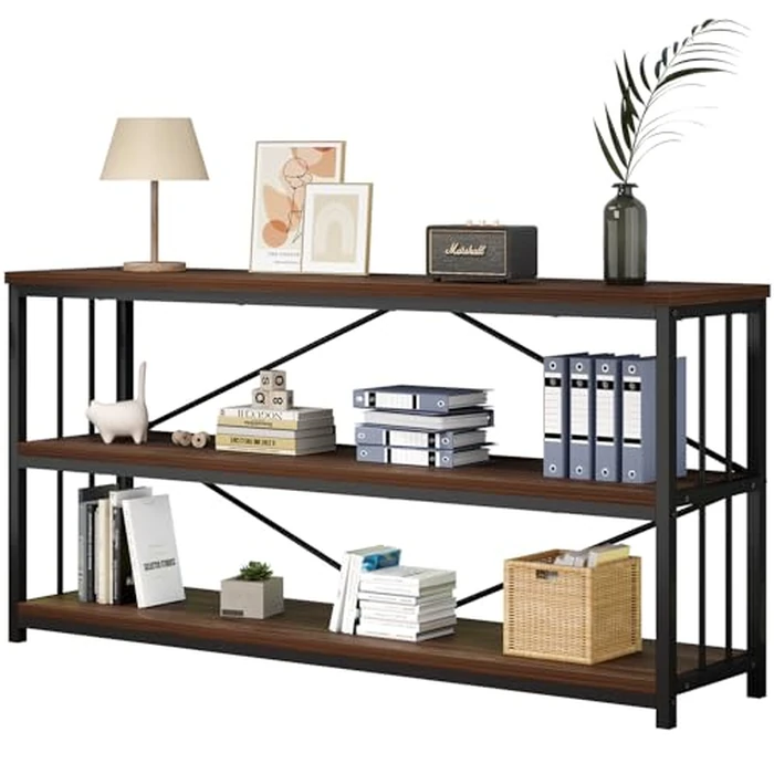 IBF Walnut Low Wide Bookcase, Vintage 63 Inch Long 3 Tier Open Book Shelf, Farmhouse Big Wood Metal Sturdy Bookshelf Display Case, Simple Large Etagere Bookshelves for Home Living Room Office Bedroom by IBF - Used - Good condition - CA$212.84