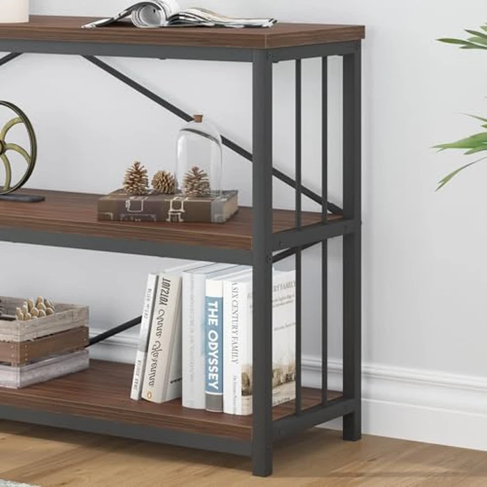 IBF Walnut Low Wide Bookcase, Vintage 63 Inch Long 3 Tier Open Book Shelf, Farmhouse Big Wood Metal Sturdy Bookshelf Display Case, Simple Large Etagere Bookshelves for Home Living Room Office Bedroom by IBF - Image 6