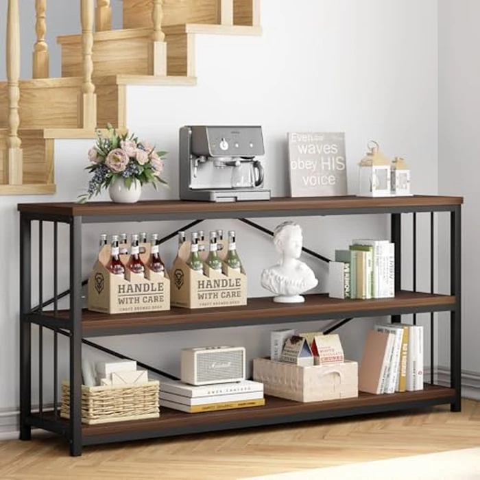 IBF Walnut Low Wide Bookcase, Vintage 63 Inch Long 3 Tier Open Book Shelf, Farmhouse Big Wood Metal Sturdy Bookshelf Display Case, Simple Large Etagere Bookshelves for Home Living Room Office Bedroom by IBF - Image 7
