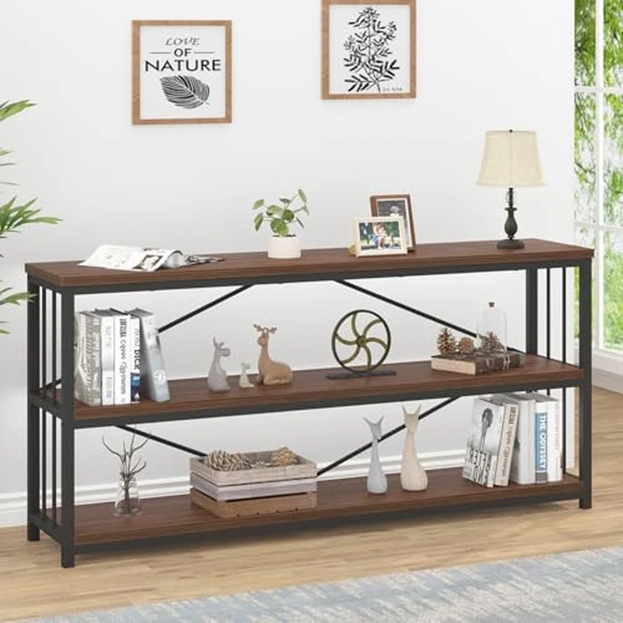 IBF Walnut Low Wide Bookcase, Vintage 63 Inch Long 3 Tier Open Book Shelf, Farmhouse Big Wood Metal Sturdy Bookshelf Display Case, Simple Large Etagere Bookshelves for Home Living Room Office Bedroom by IBF - Image 8
