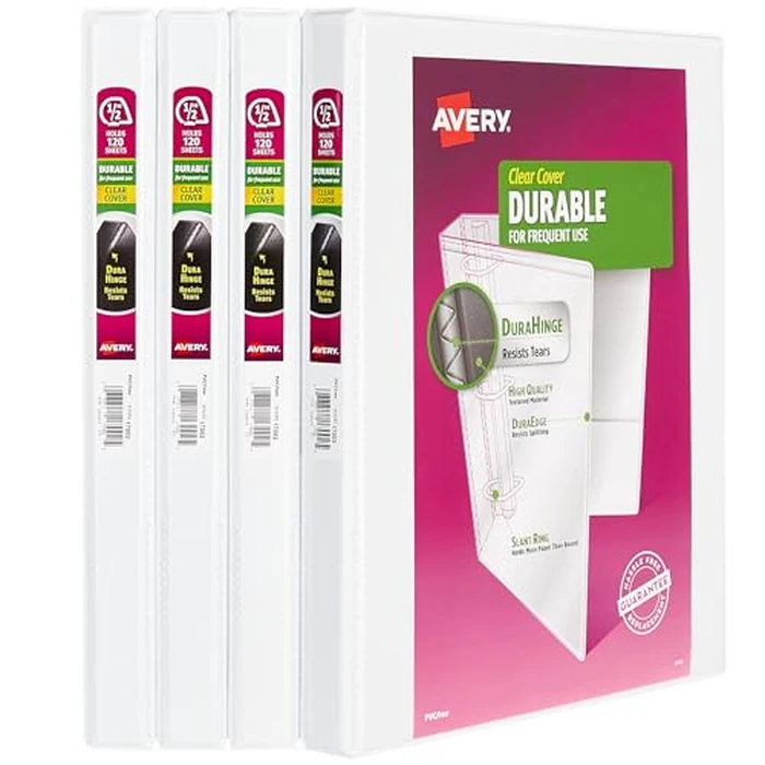 Avery Durable View Binder, 1/2" Slant Rings, 120-Sheet Capacity, DuraHinge, White, Pack of 4 (3362) by Avery - Used - Like New condition - CA$14.60
