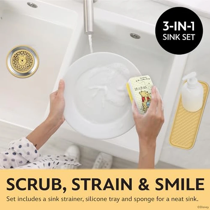 Disney 3-in-1 Kitchen Sink Accessories Set - Sink Drain Strainer, Dish Sponge, & Silicone Sink Tray - Featuring Stitch & Winnie the Pooh by Best Brands - Image 2