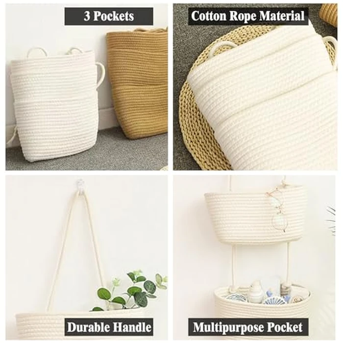 AARAINBOW Wall Hanging Cotton Baskets, Large 3 Tier Decorative Basket for Wall, Nursery, Bathroom, Boho Organizing (B-White) by AARAINBOW - Used - Good condition