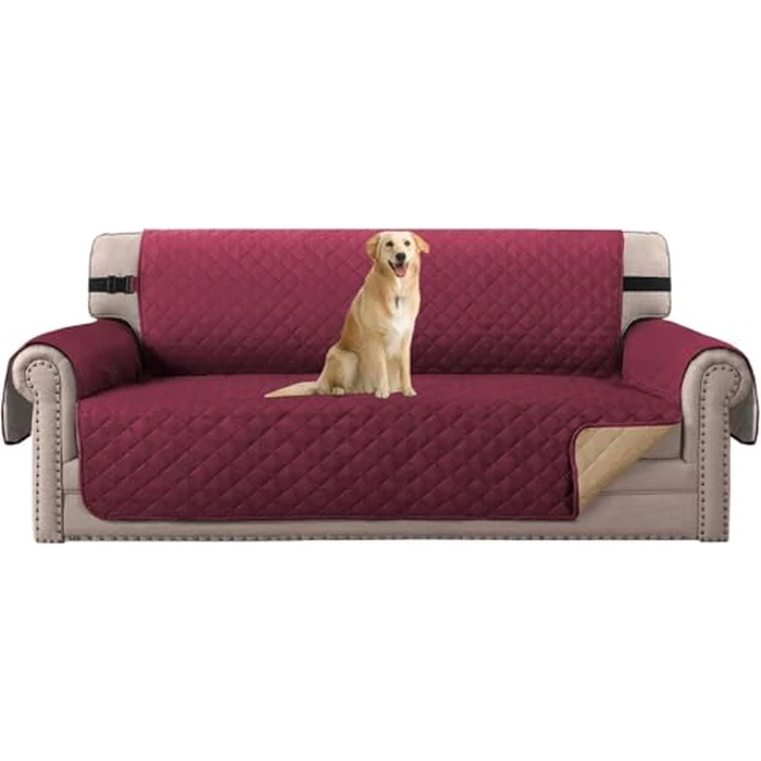 H.VERSAILTEX Reversible Sofa Slipcover for Dogs/Cats/Pets Sofa Cover Quilted Furniture Protector with Non Slip Elastic Strap Water Resistant Couch Covers Sofa Seat Width to 66" (Sofa, Burgundy/Tan) by H.VERSAILTEX - Used - Very Good condition