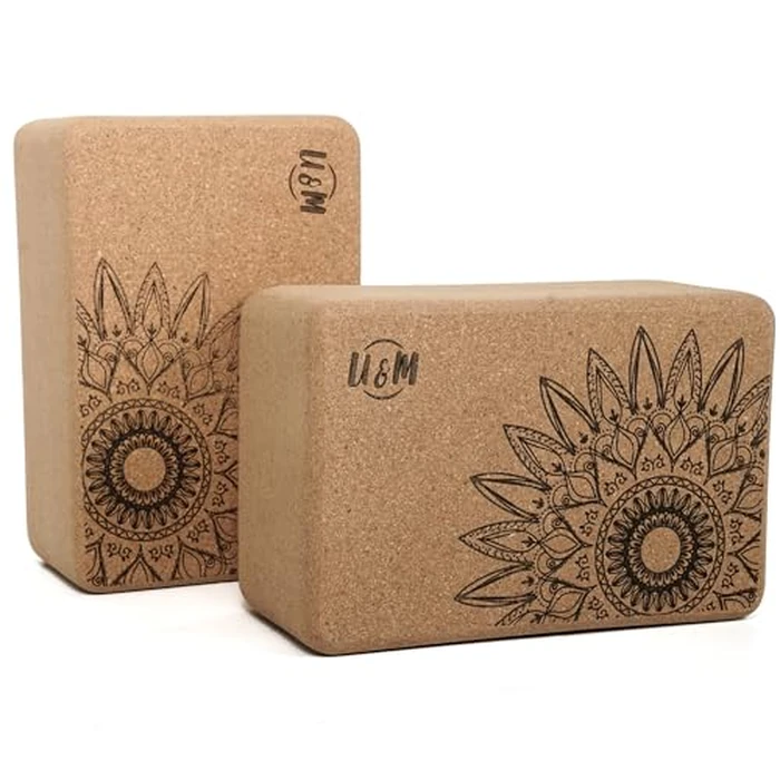 U&M Cork Yoga Blocks 2 Pack, 9"x6"x4" High-Density Natural Cork Yoga Blocks - Odor-Resistant, Non-Slip & Non-Toxic for Yoga, Pilates, Stretching, General Fitness & Toning (Sunflower) by U&M - Image 1