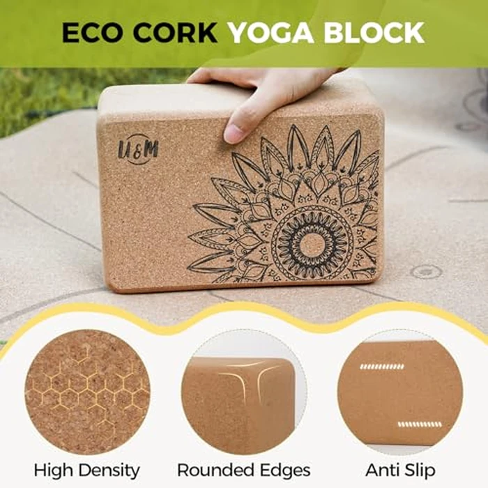 U&M Cork Yoga Blocks 2 Pack, 9"x6"x4" High-Density Natural Cork Yoga Blocks - Odor-Resistant, Non-Slip & Non-Toxic for Yoga, Pilates, Stretching, General Fitness & Toning (Sunflower) by U&M - Image 2