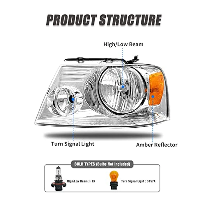 ADCARLIGHTS Headlight Assembly for 2004-2008 Ford F150 Pickup 2006-2008 Lincoln Mark LT Clear Lens Chrome Housing Amber Reflector Replacement W/O Bulbs by ADCARLIGHTS - Image 3