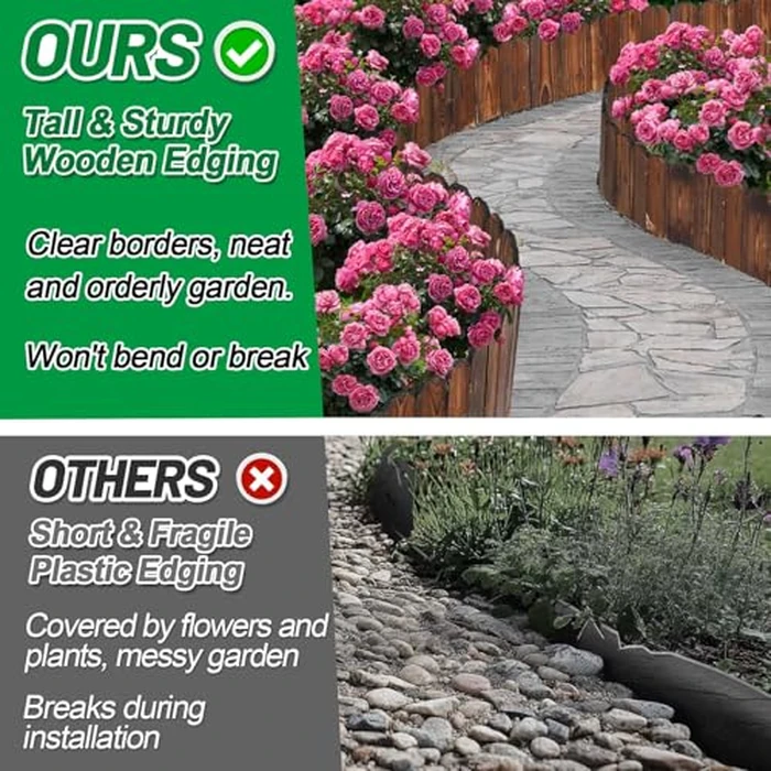Wooden Garden Edging - 7.9ft x 8in Weather-Resistant Pine Landscape Border Fence for Outdoor Patio Lawns Yard Flower Beds Decoration by Acostop - Image 4