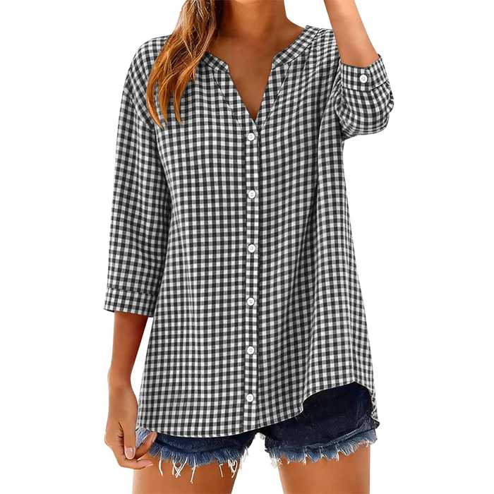 LOMON Cotton 3/4 Sleeve Button Down Shirts for Women Gingham Plaid Striped Tops V Neck Casual Loose Blouse by LOMON - Used - Very Good condition
