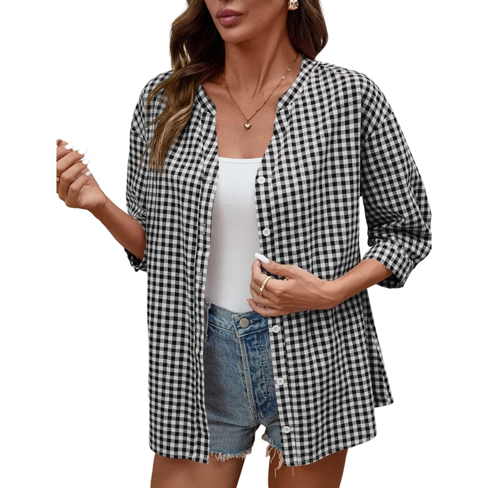 LOMON Cotton 3/4 Sleeve Button Down Shirts for Women Gingham Plaid Striped Tops V Neck Casual Loose Blouse by LOMON - Image 7